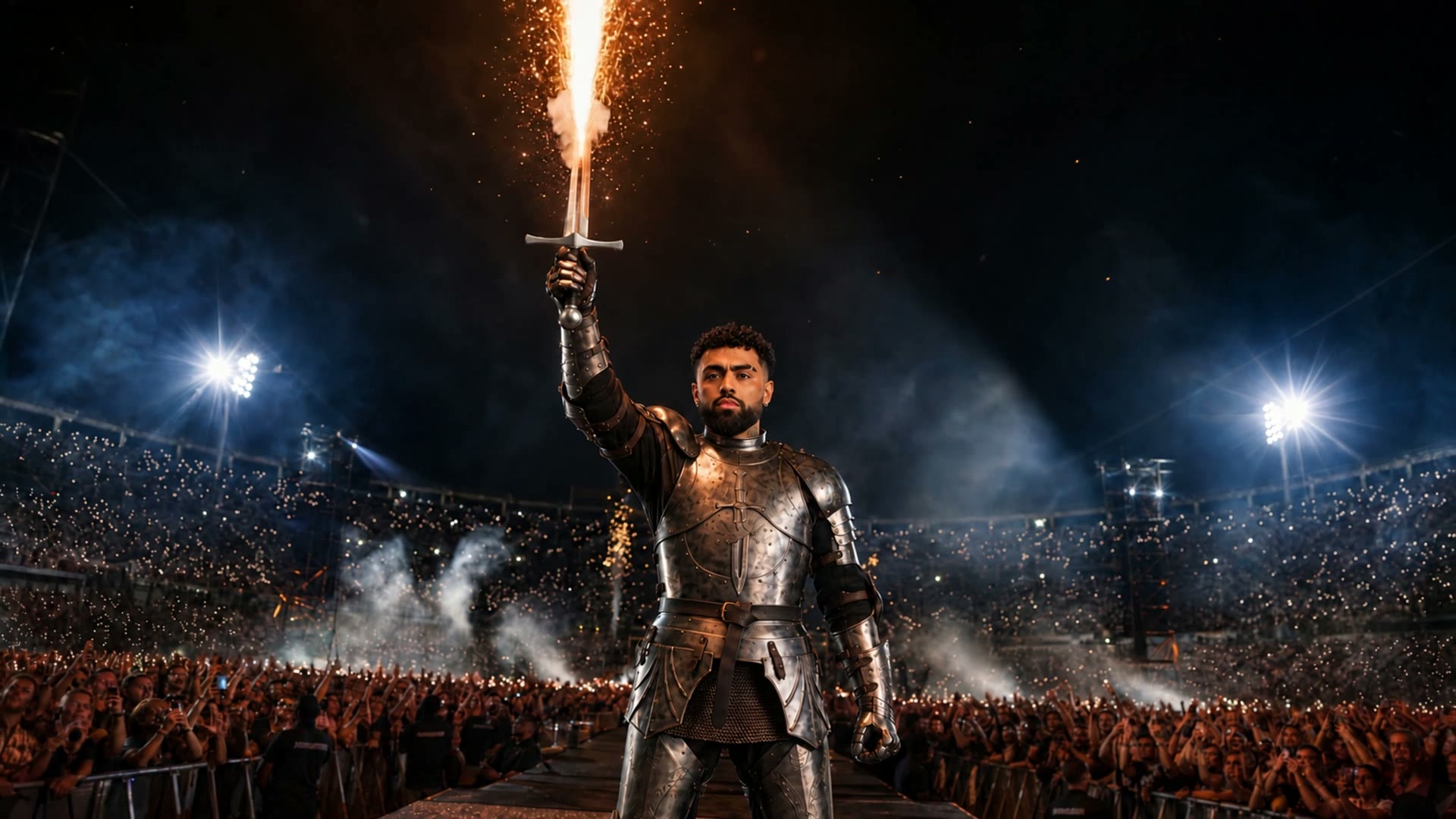 Espada alzada ante el estadio y logo de La Voz Favorita World Tour